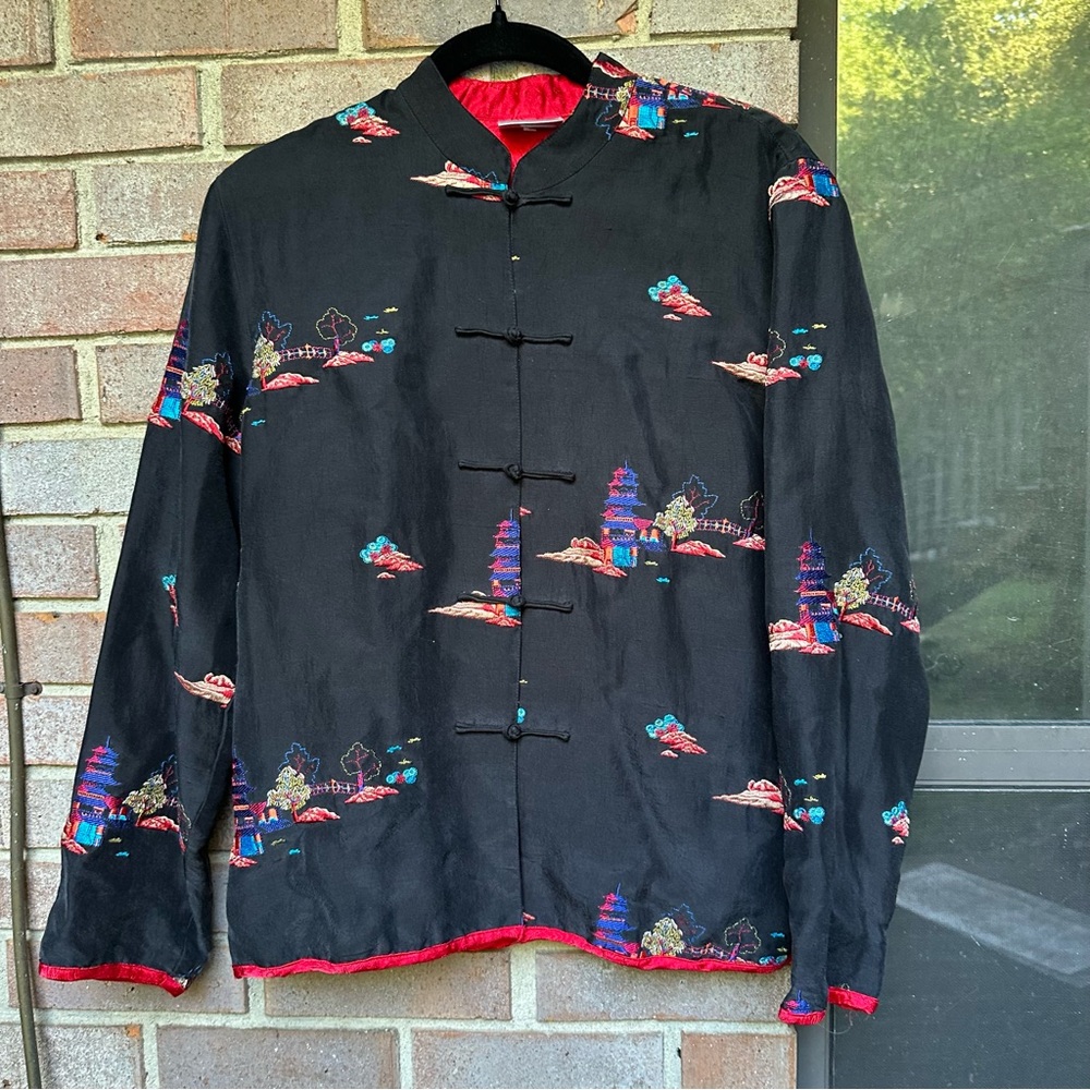 Vintage Y2K Womens Silk Asian Jacket Sz M Black Embroidered Lined Casual Boho